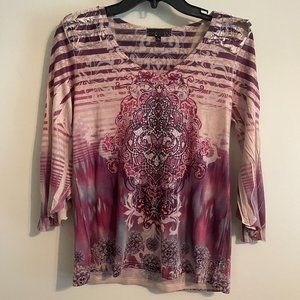7 Wonders Printed/Jeweled 3/4 Sleeve Top - Womens M